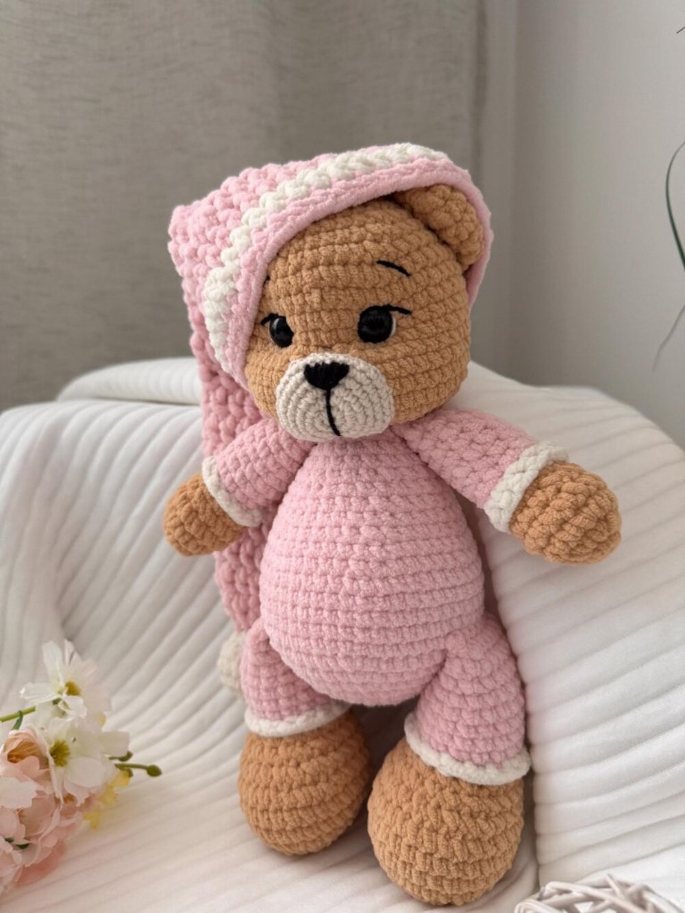Handmade Crochet Teddy Bear, Sleepy Pajama Plush Toy, Amigurumi Brown Bear - Picture 6 of 7